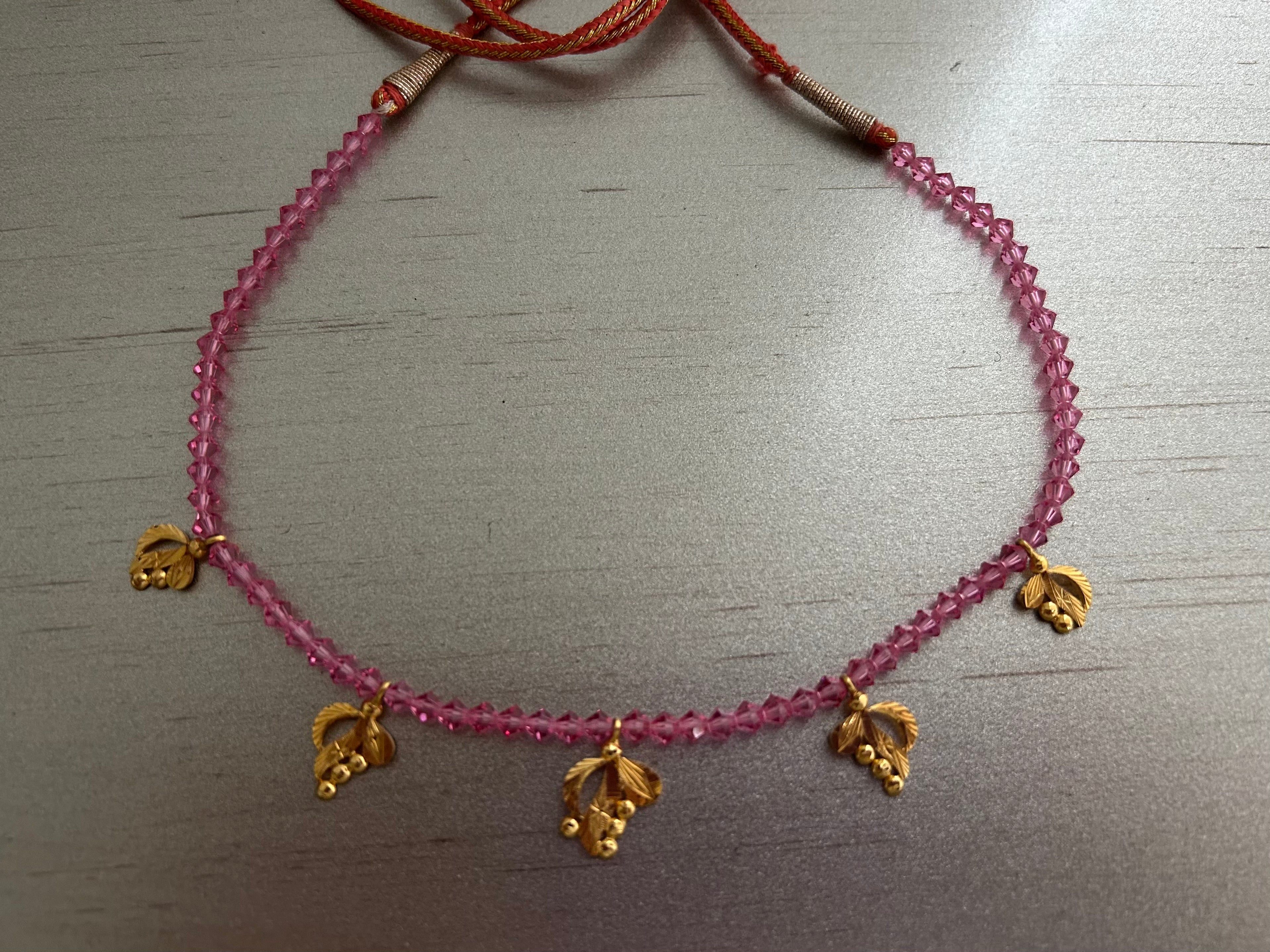 22K Gold Necklace with Leaf Charms and Pink Beads Adjustable Necklace with Tassel Closure
