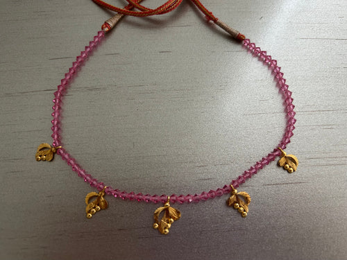 22K Gold Necklace with Leaf Charms and Pink Beads Adjustable Necklace with Tassel Closure