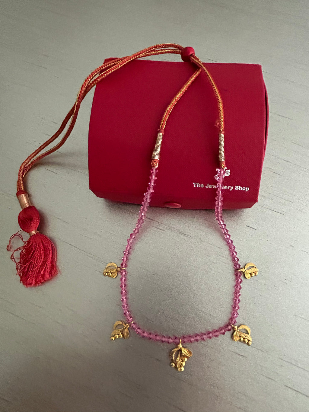22K Gold Necklace with Leaf Charms and Pink Beads Adjustable Necklace with Tassel Closure