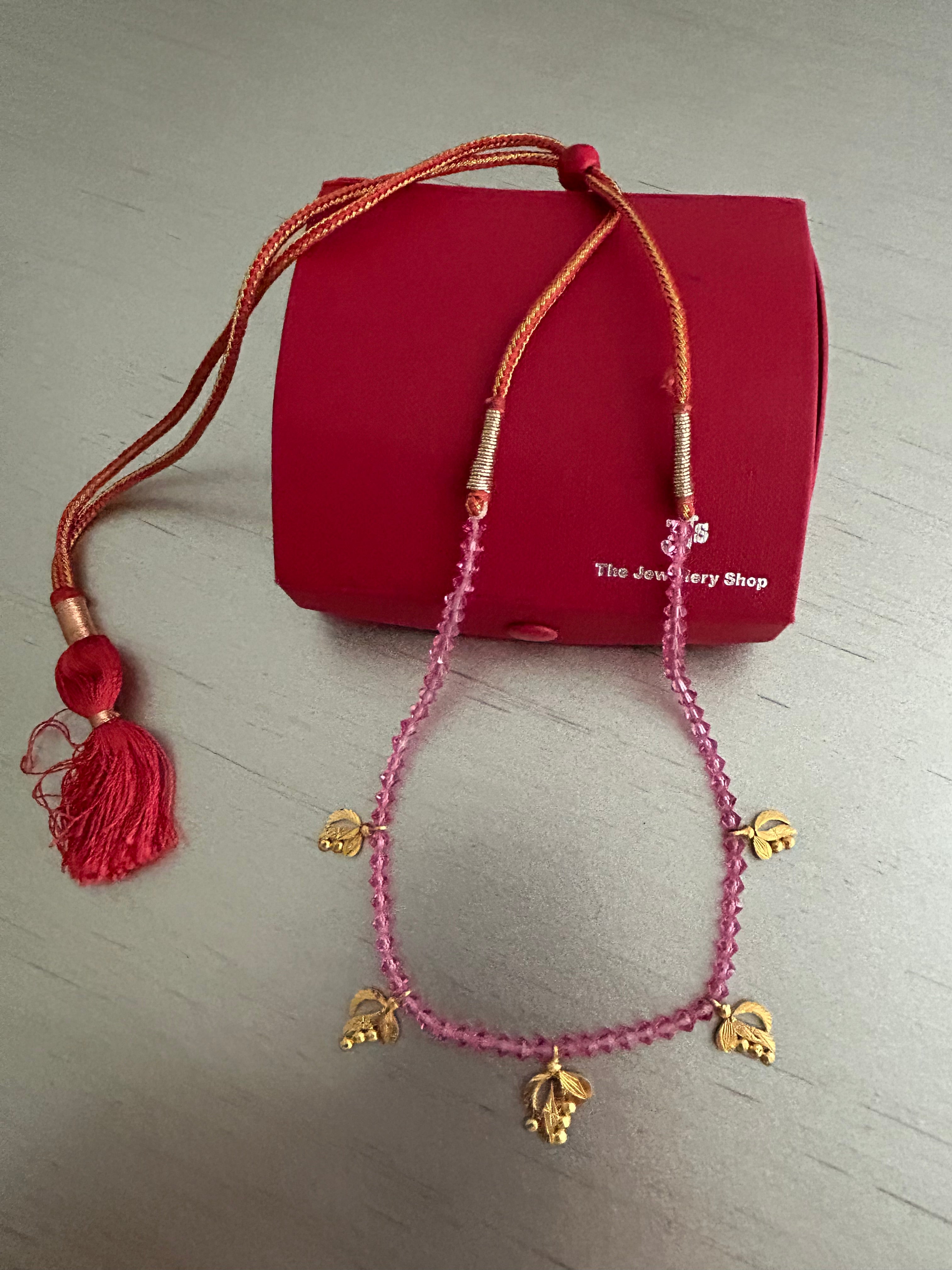 22K Gold Necklace with Leaf Charms and Pink Beads Adjustable Necklace with Tassel Closure