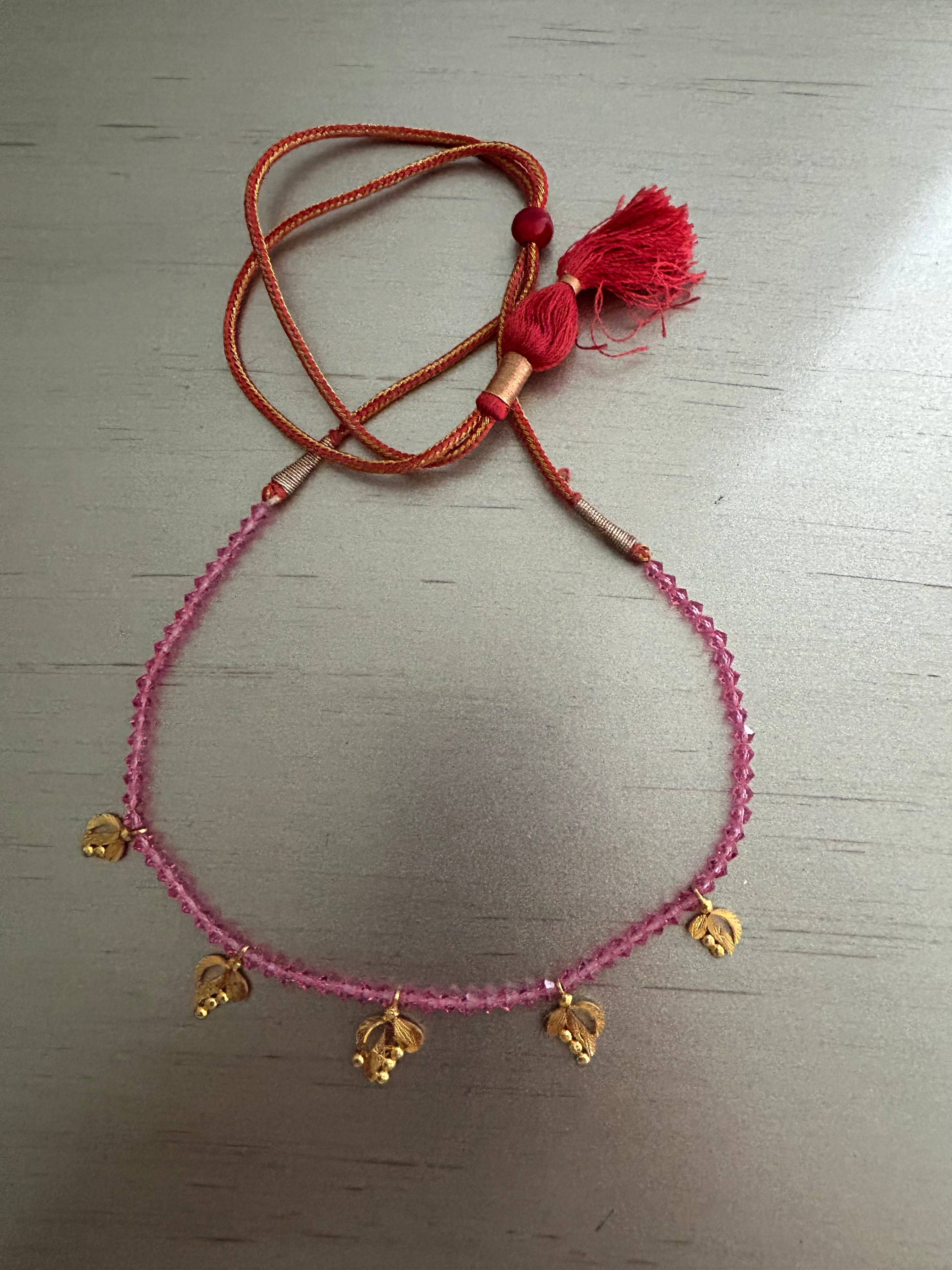 22K Gold Necklace with Leaf Charms and Pink Beads Adjustable Necklace with Tassel Closure