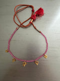 22K Gold Necklace with Leaf Charms and Pink Beads Adjustable Necklace with Tassel Closure