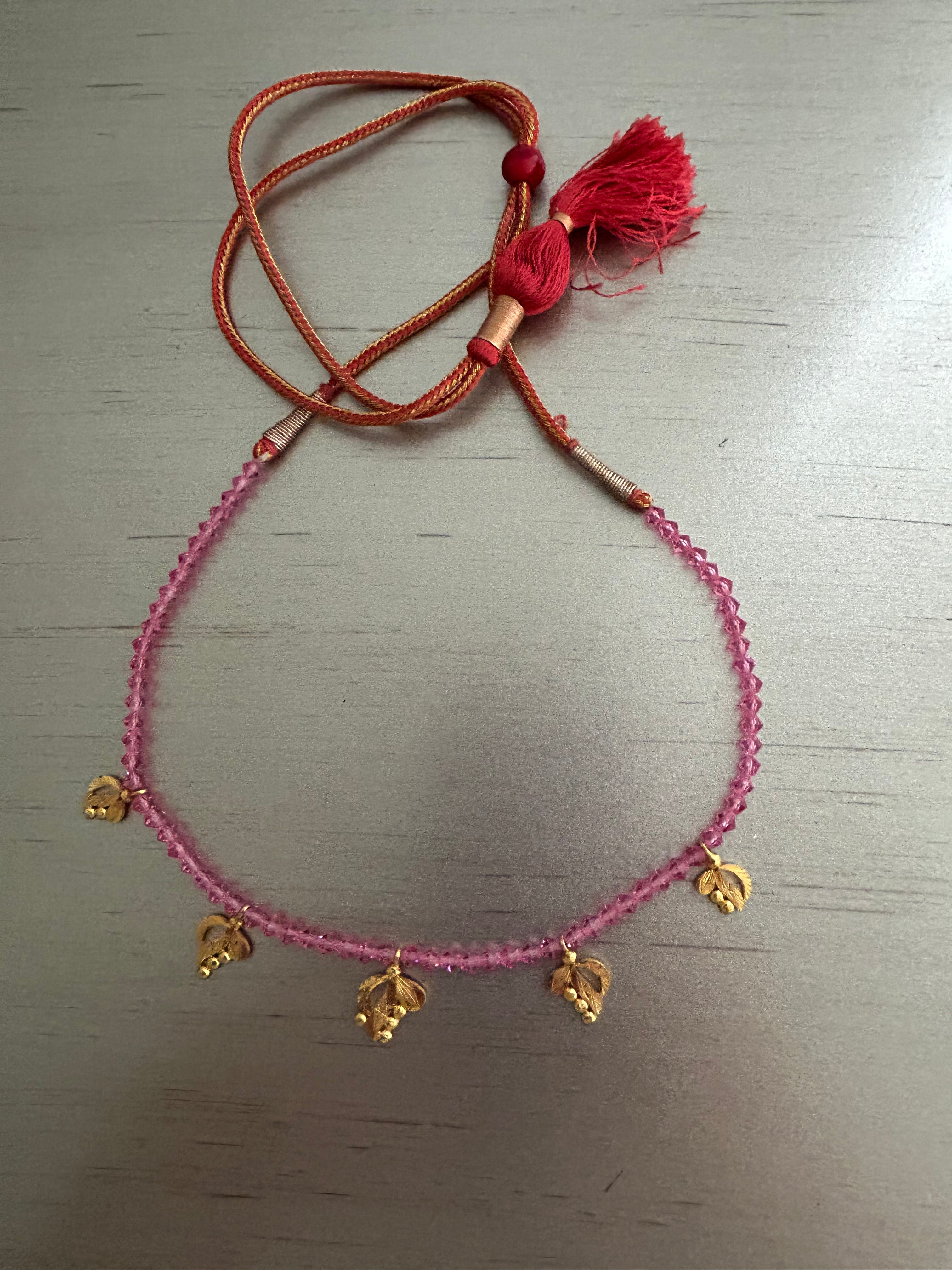 22K Gold Necklace with Leaf Charms and Pink Beads Adjustable Necklace with Tassel Closure