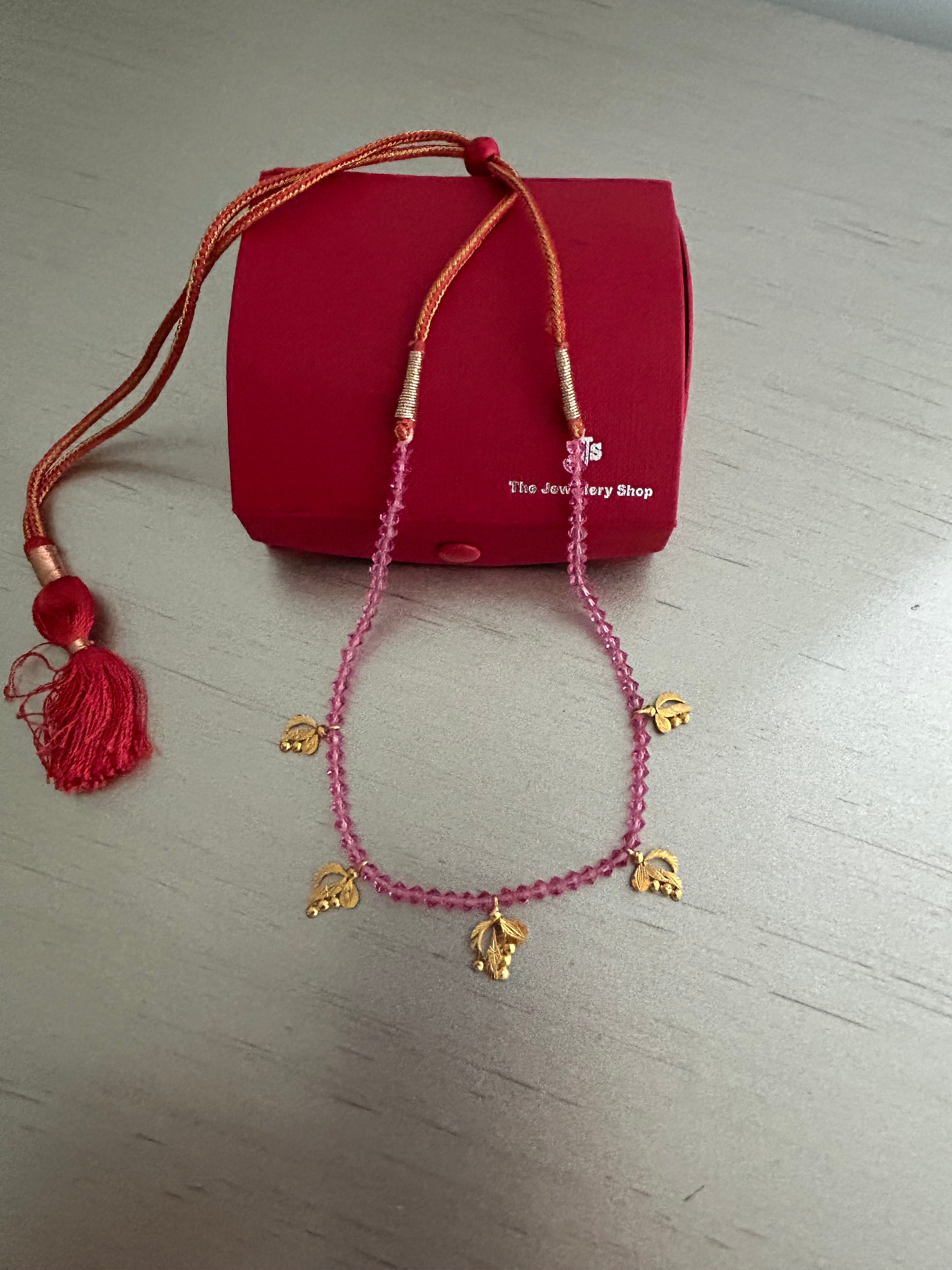22K Gold Necklace with Leaf Charms and Pink Beads Adjustable Necklace with Tassel Closure