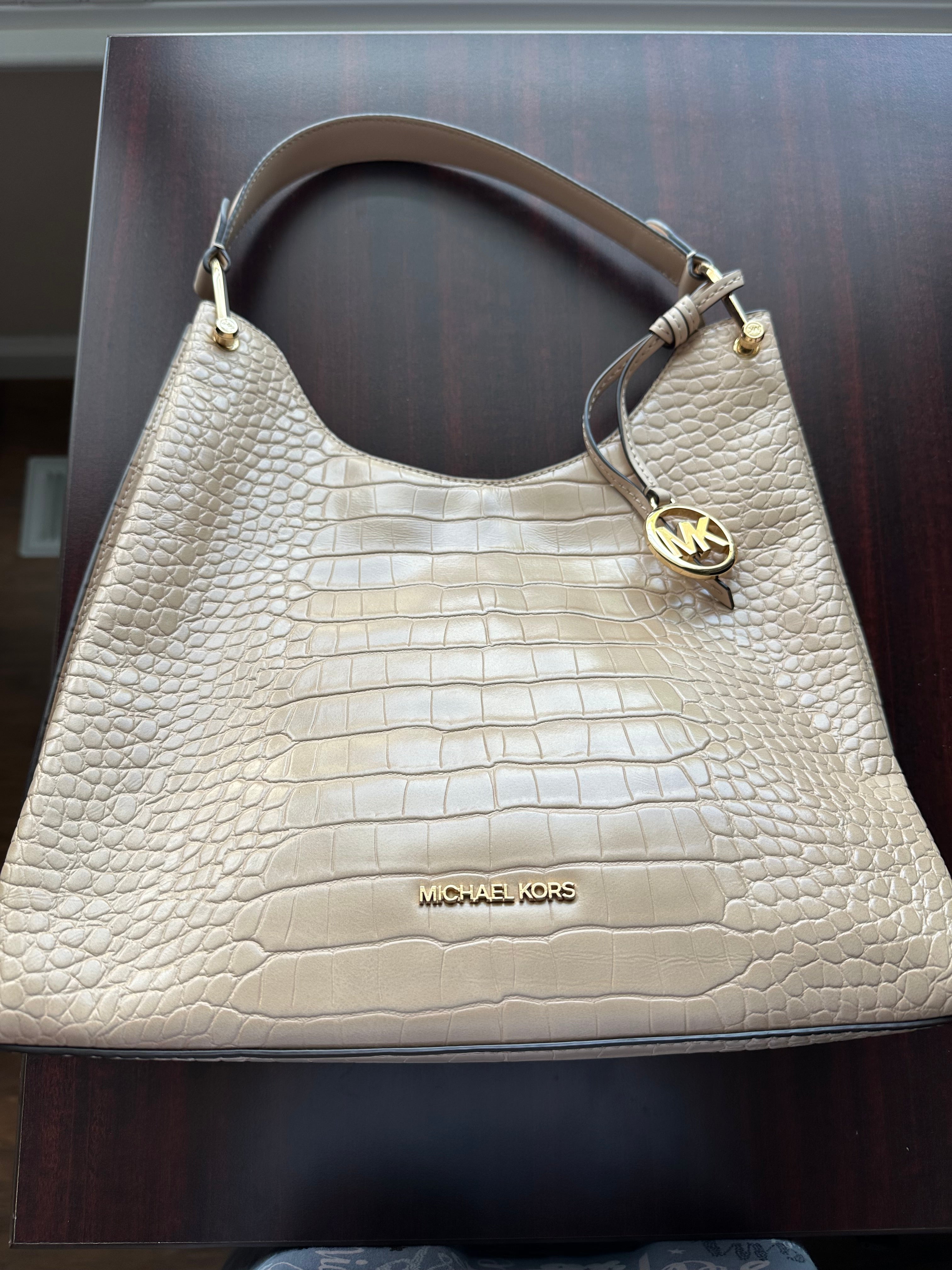 Michael Kors Croc-Embossed Leather Shoulder Bag -Beige Taupe-Gold Hardware- Lightly Pre-Owned