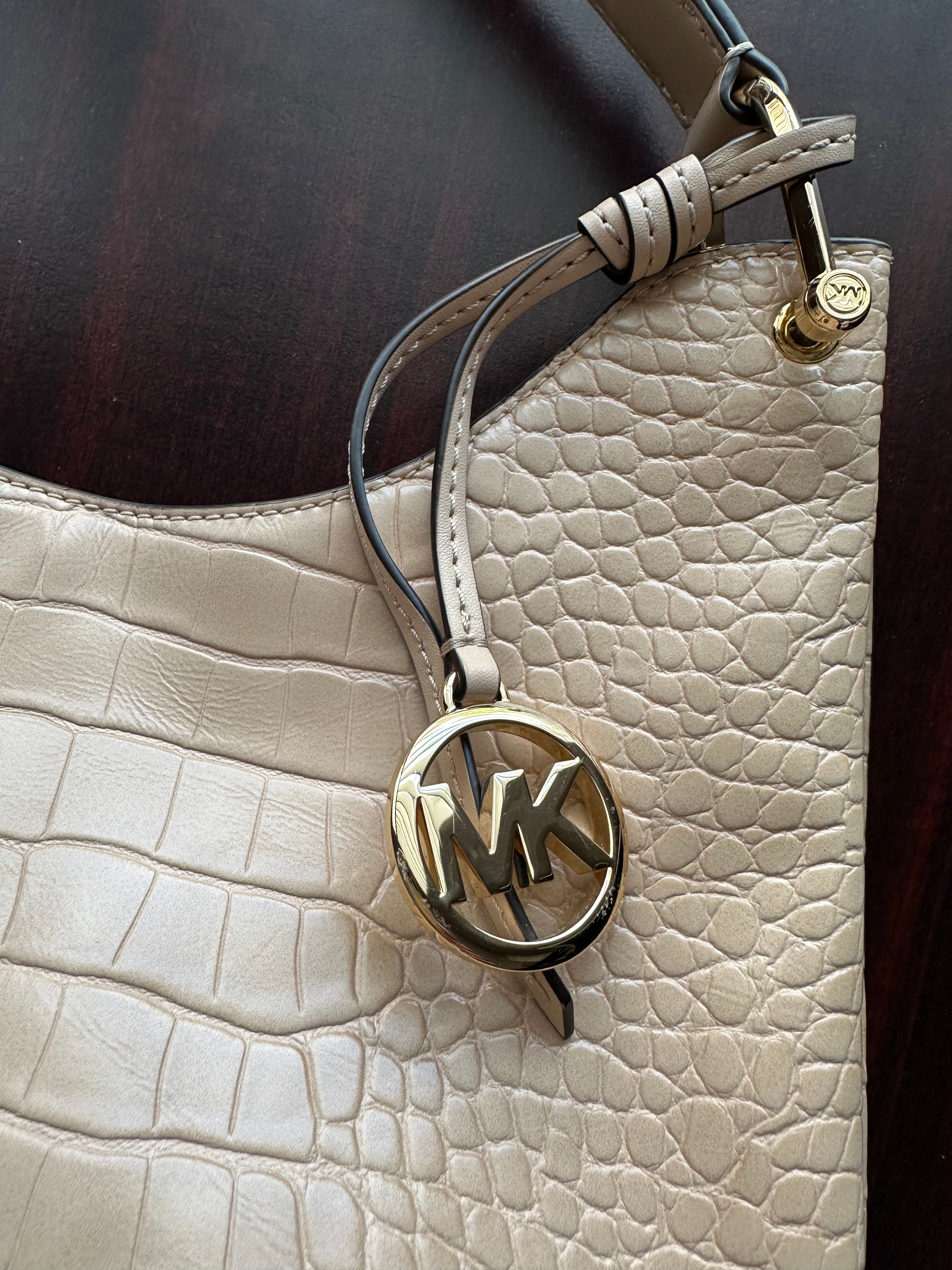Michael Kors Croc-Embossed Leather Shoulder Bag -Beige Taupe-Gold Hardware- Lightly Pre-Owned