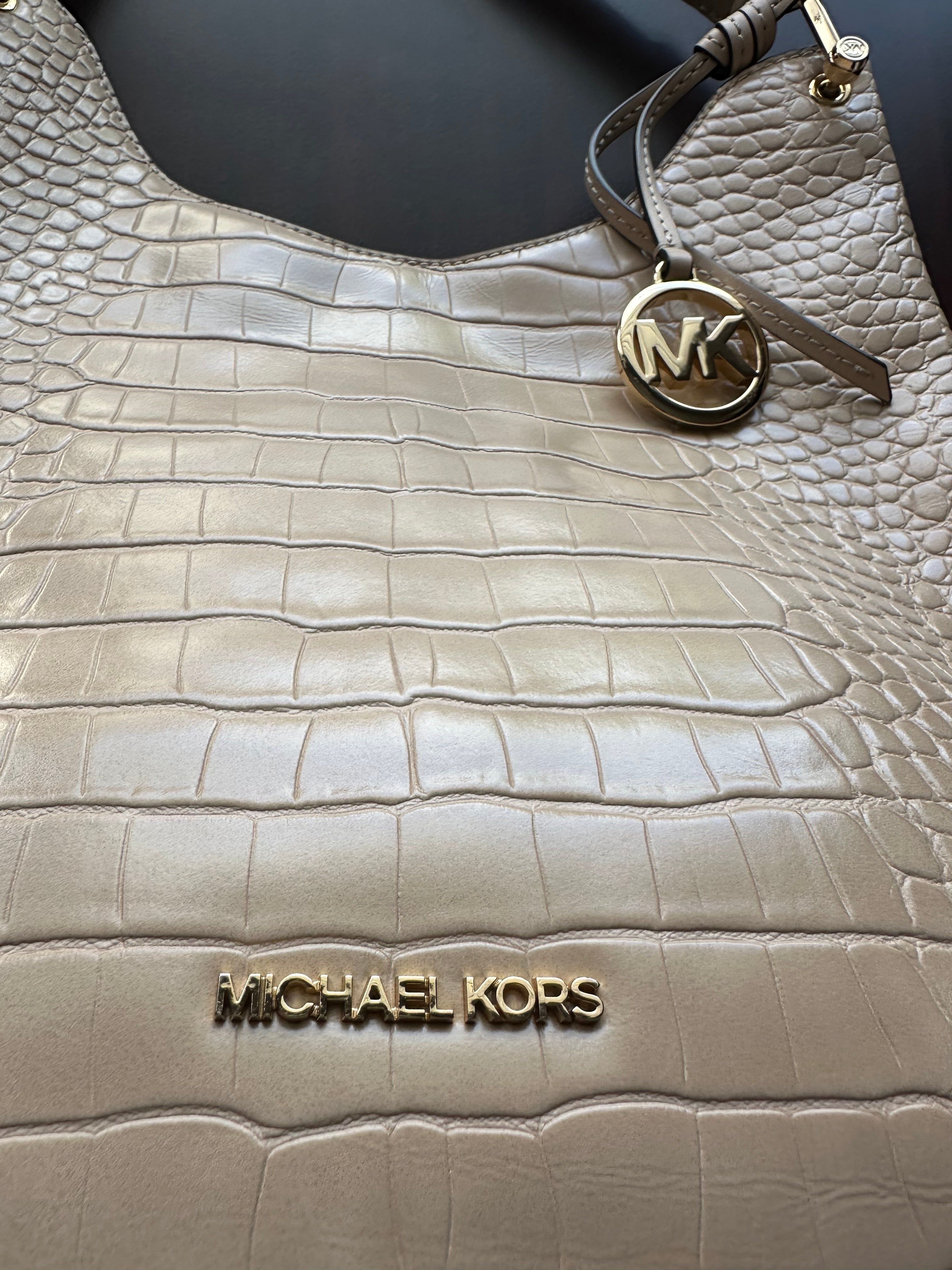 Michael Kors Croc-Embossed Leather Shoulder Bag -Beige Taupe-Gold Hardware- Lightly Pre-Owned