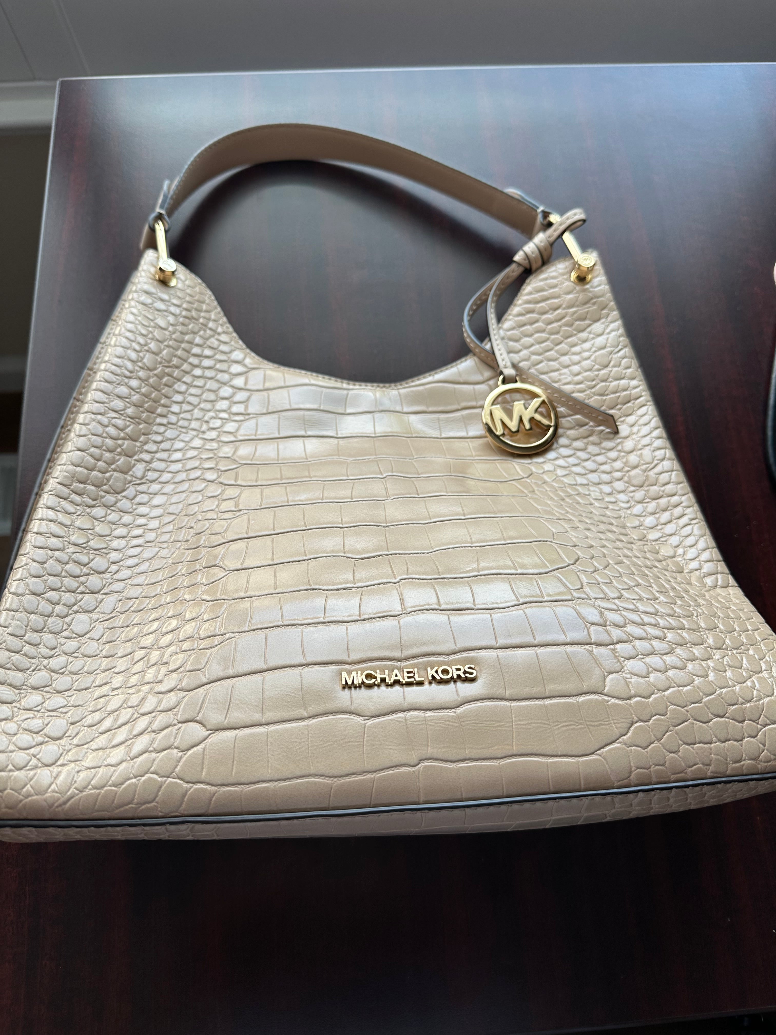 Michael Kors Croc-Embossed Leather Shoulder Bag -Beige Taupe-Gold Hardware- Lightly Pre-Owned