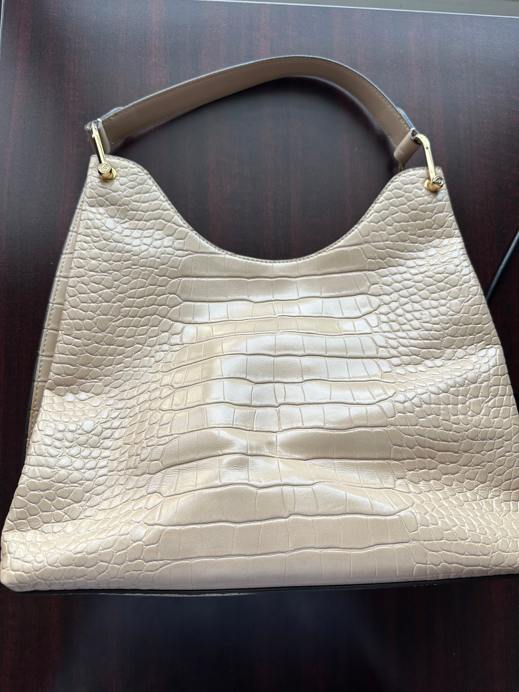 Michael Kors Croc-Embossed Leather Shoulder Bag -Beige Taupe-Gold Hardware- Lightly Pre-Owned