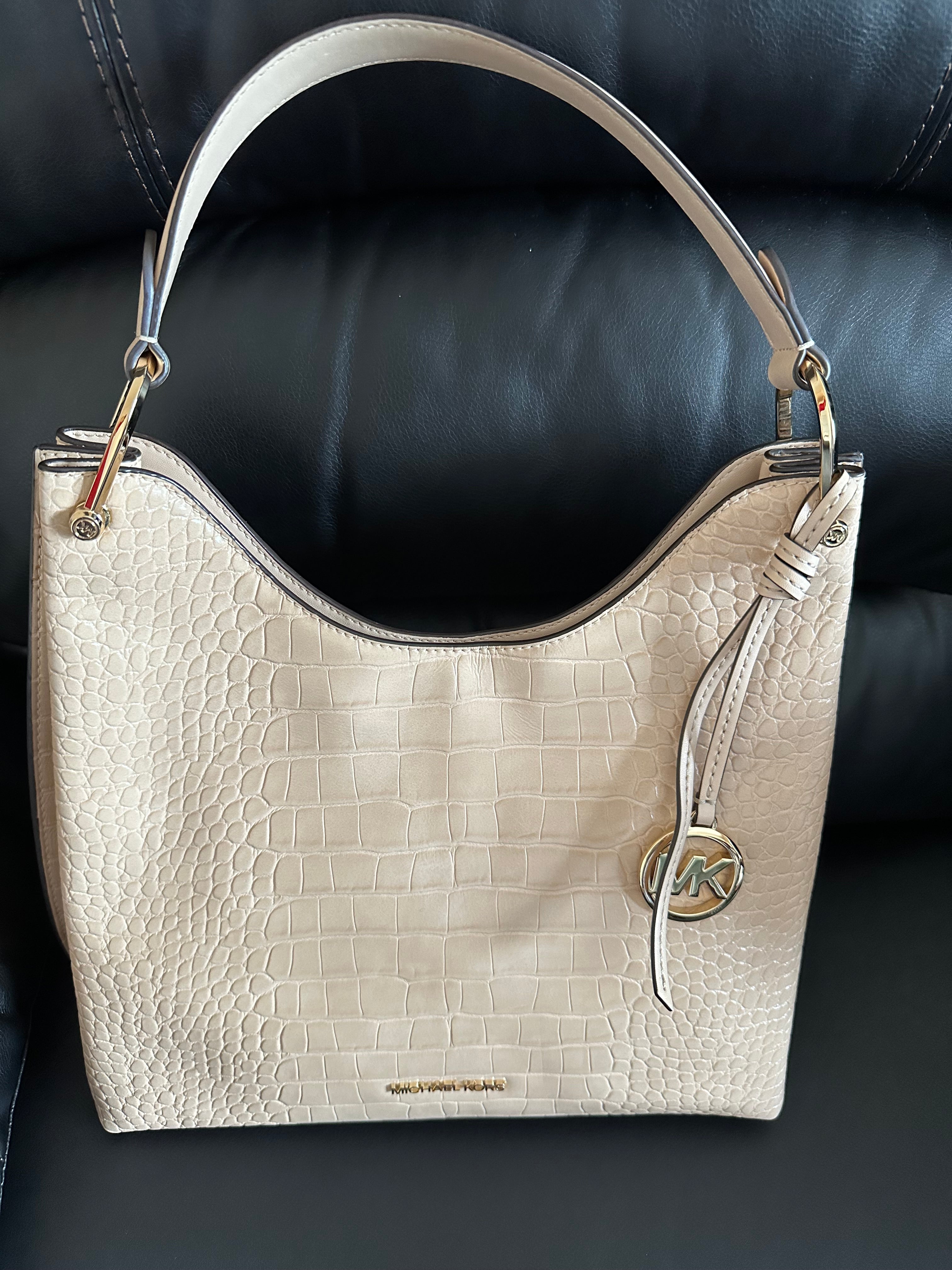 Michael Kors Croc-Embossed Leather Shoulder Bag -Beige Taupe-Gold Hardware- Lightly Pre-Owned