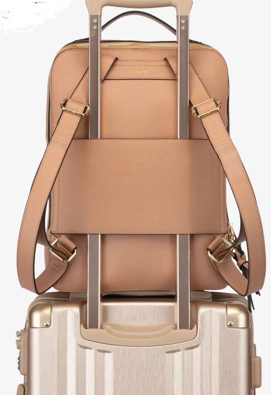 CALPAK Faux Leather Laptop Travel Backpack with Luggage Sleeve — Blush/Nude color