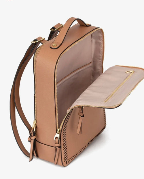CALPAK Faux Leather Laptop Travel Backpack with Luggage Sleeve — Blush/Nude color