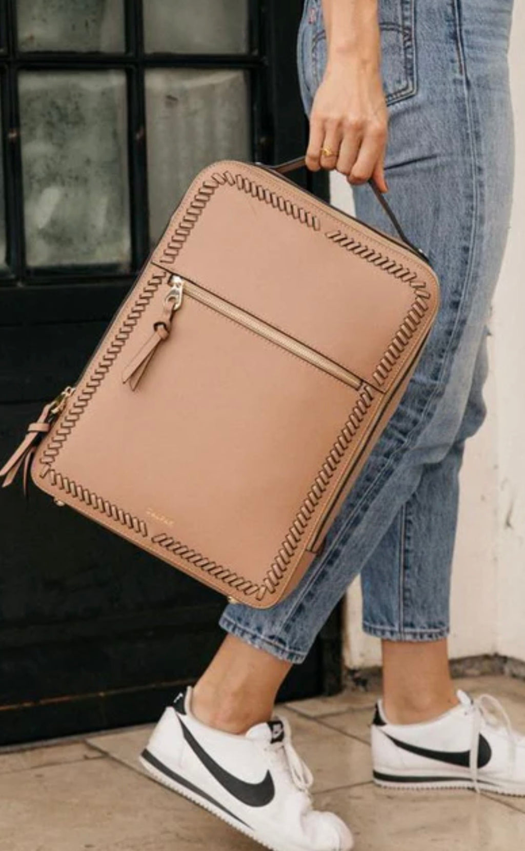 CALPAK Faux Leather Laptop Travel Backpack with Luggage Sleeve — Blush/Nude color