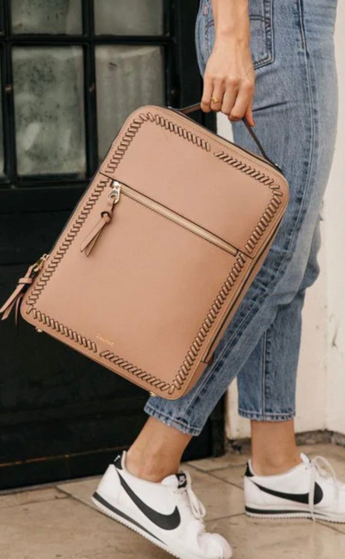 CALPAK Faux Leather Laptop Travel Backpack with Luggage Sleeve — Blush/Nude color