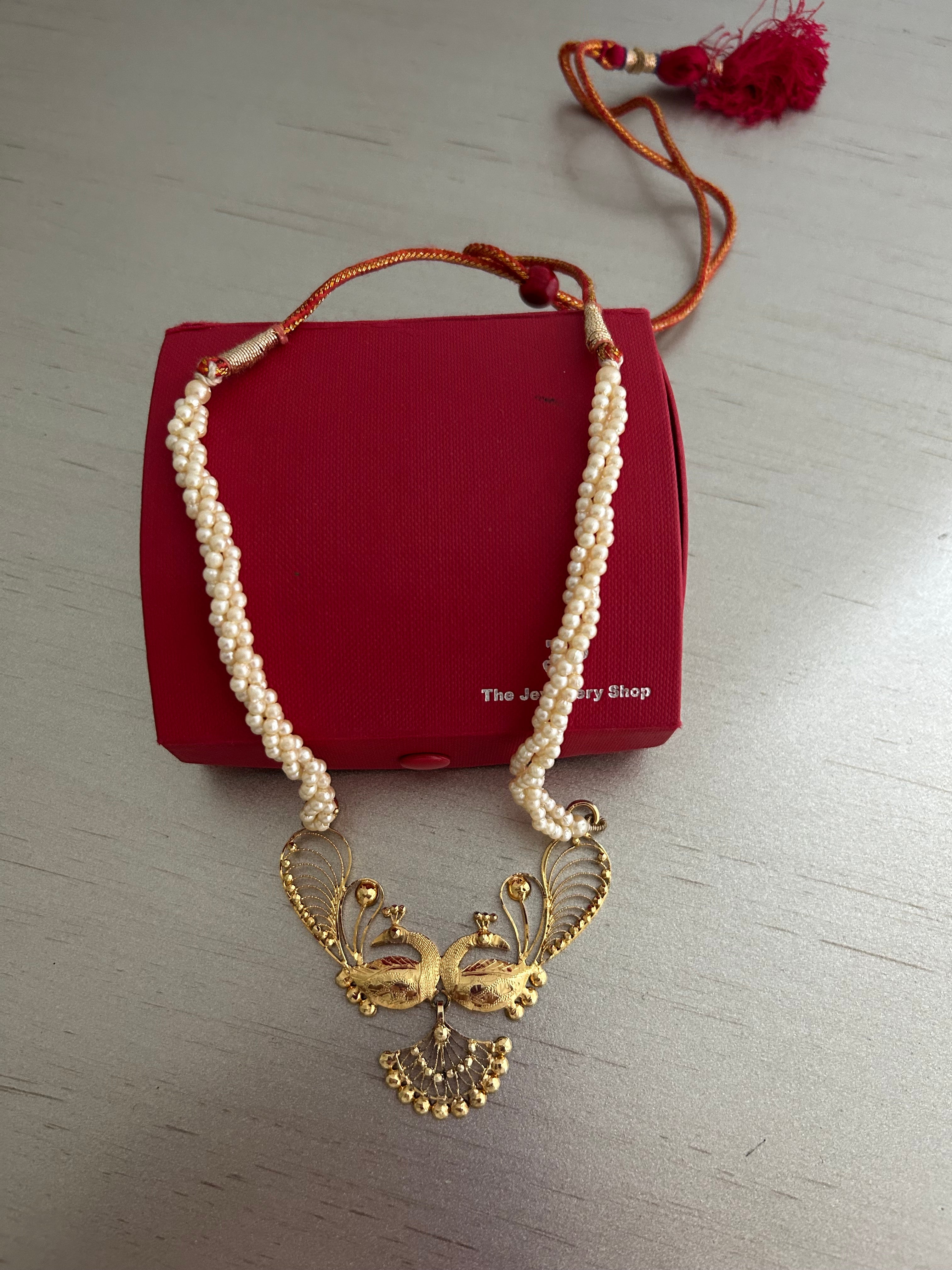 Preowned 22K Gold-Plated Peacock Pendant Necklace - Twisted Multi-Strand Seed Pearls with Adjustable Tassel (Heirloom Estate Condition)