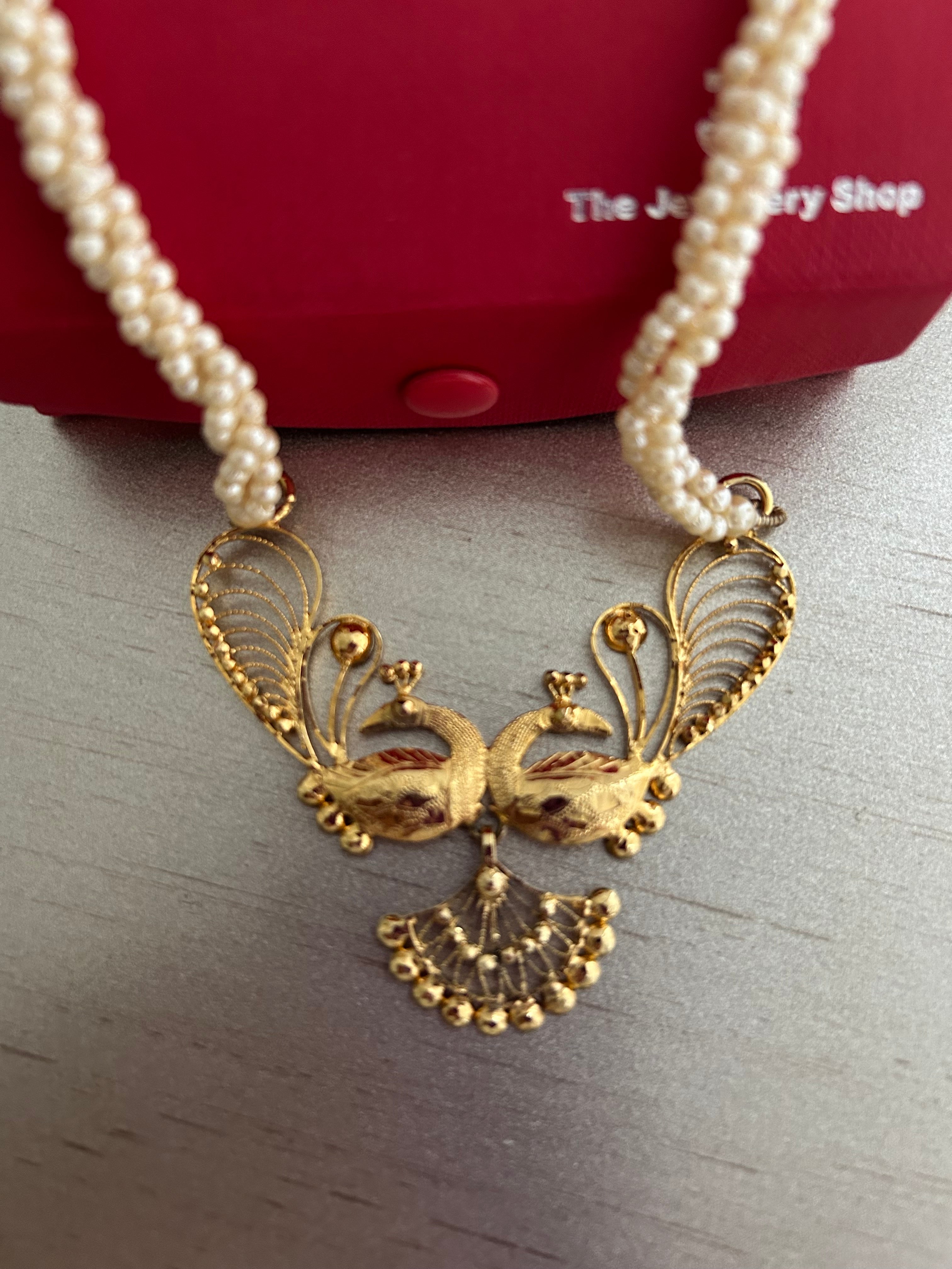 Preowned 22K Gold-Plated Peacock Pendant Necklace - Twisted Multi-Strand Seed Pearls with Adjustable Tassel (Heirloom Estate Condition)