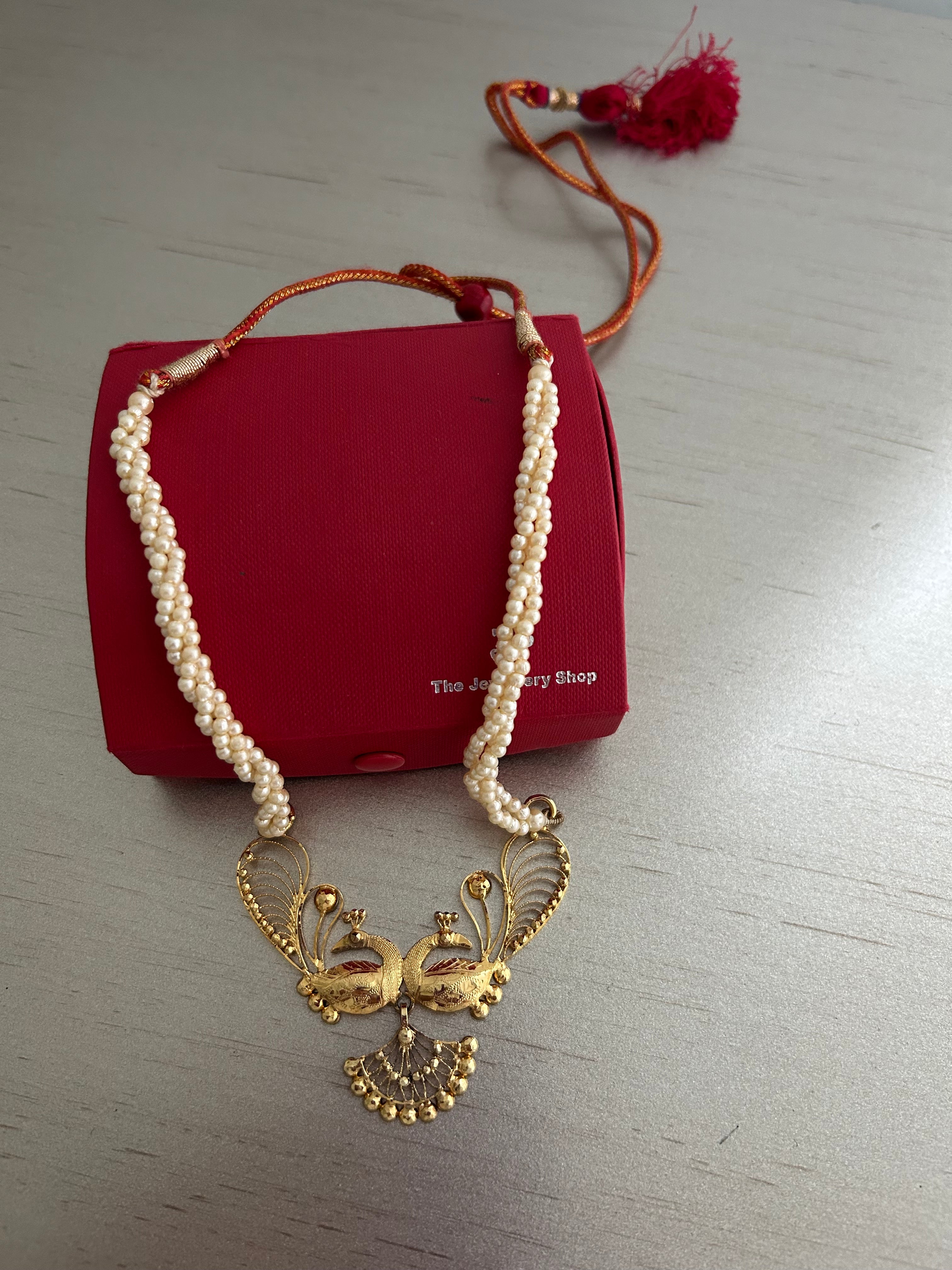 Preowned 22K Gold-Plated Peacock Pendant Necklace - Twisted Multi-Strand Seed Pearls with Adjustable Tassel (Heirloom Estate Condition)