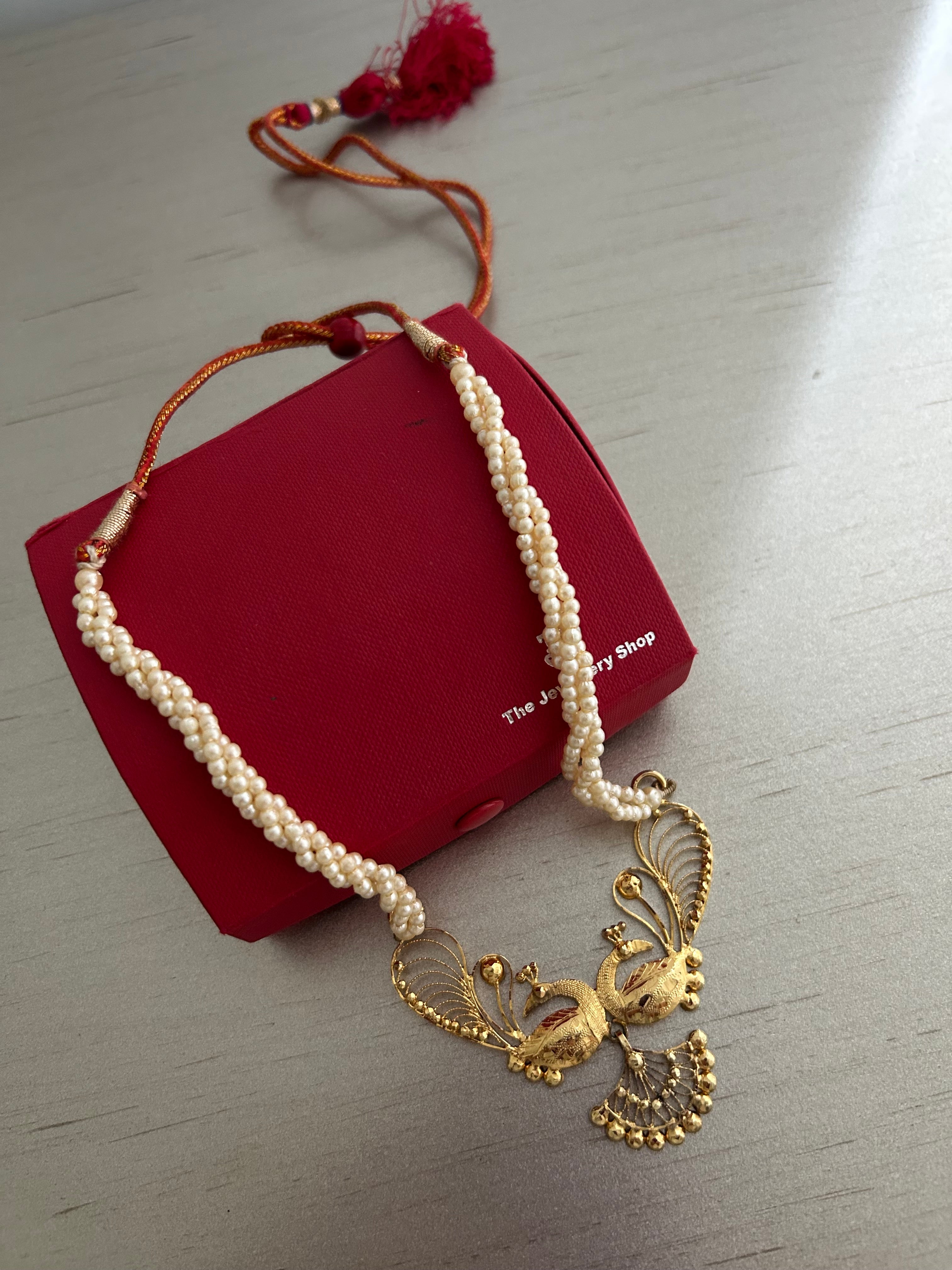 Preowned 22K Gold-Plated Peacock Pendant Necklace - Twisted Multi-Strand Seed Pearls with Adjustable Tassel (Heirloom Estate Condition)