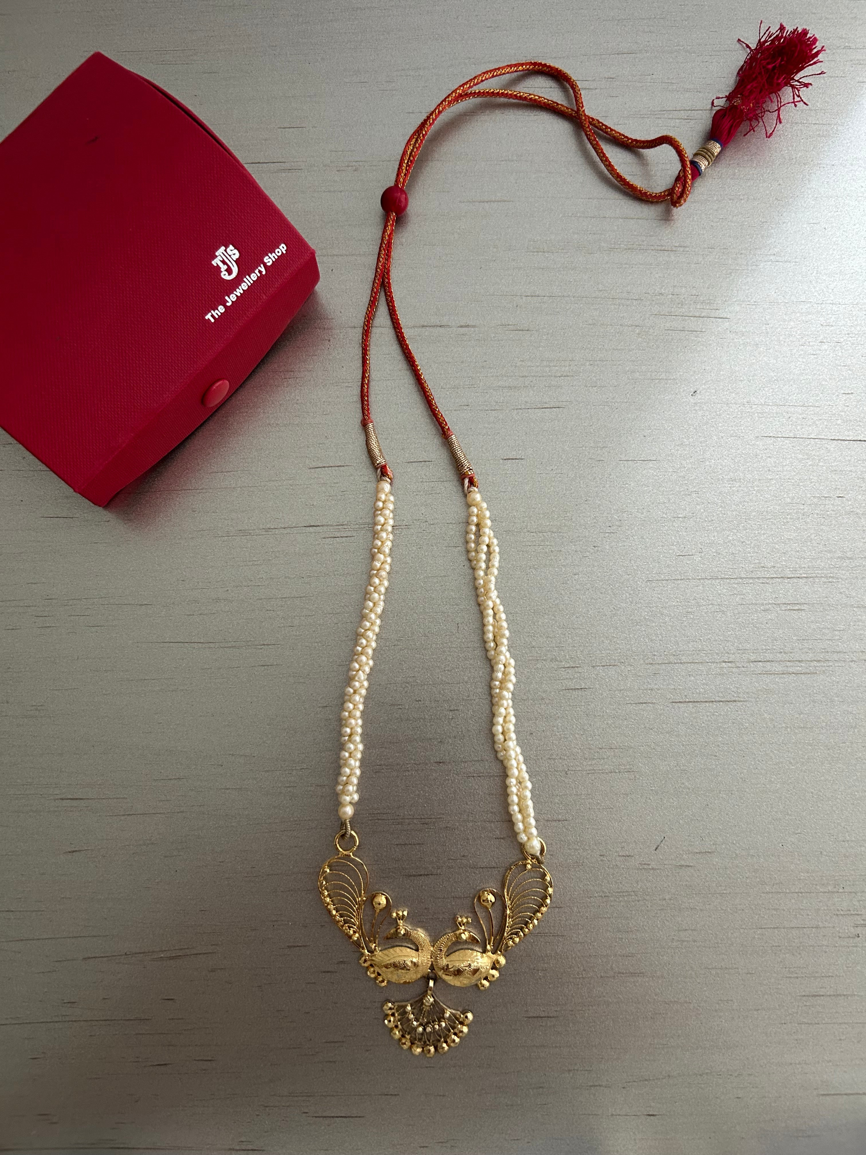 Preowned 22K Gold-Plated Peacock Pendant Necklace - Twisted Multi-Strand Seed Pearls with Adjustable Tassel (Heirloom Estate Condition)