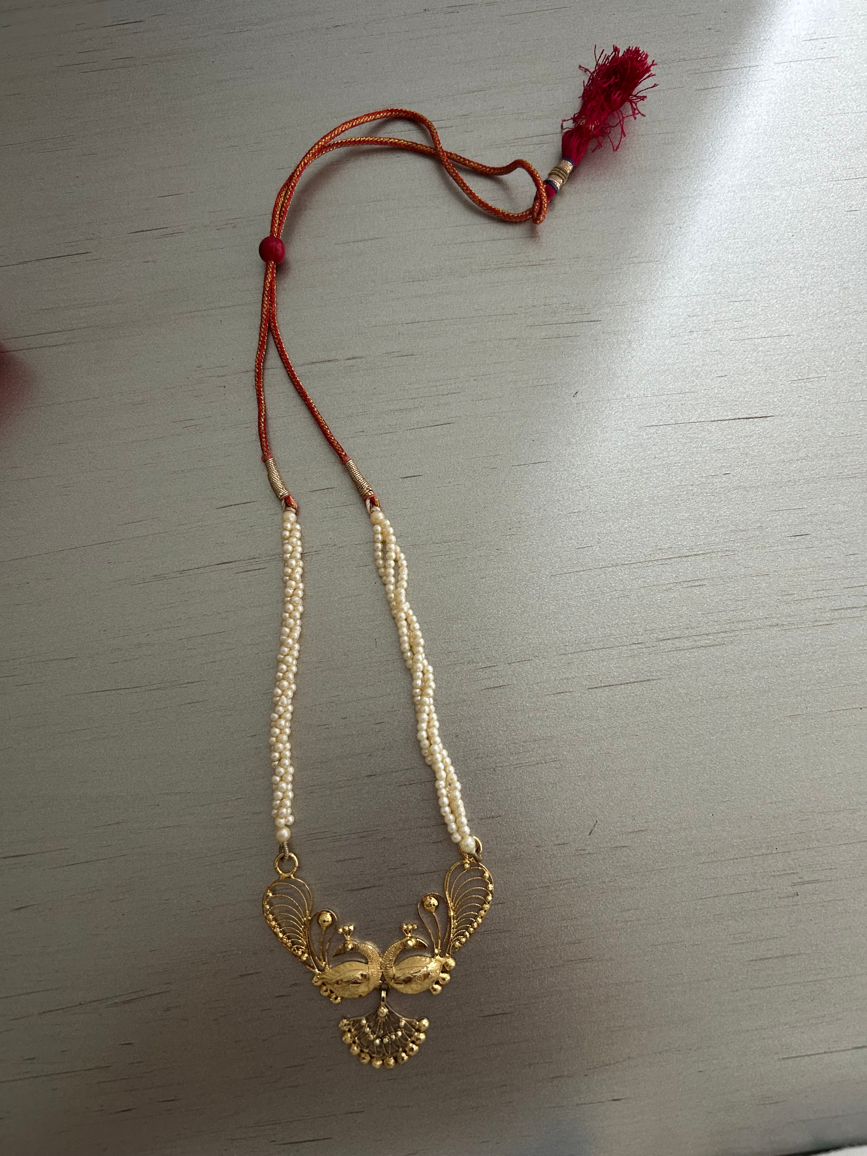Preowned 22K Gold-Plated Peacock Pendant Necklace - Twisted Multi-Strand Seed Pearls with Adjustable Tassel (Heirloom Estate Condition)