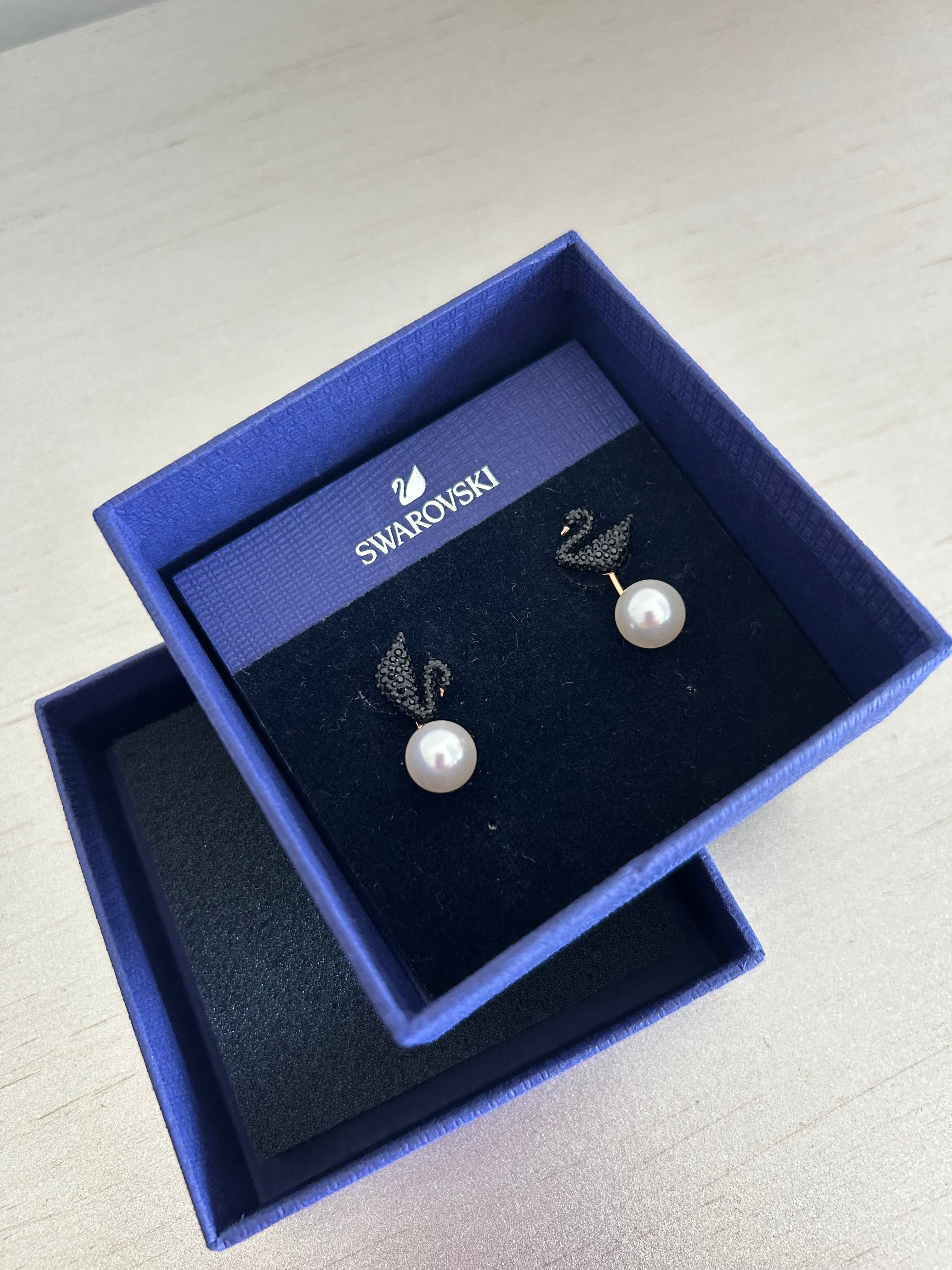 Swarovski Iconic Swan Pierced Earring Jackets - New With Tags (NWT) Dark Blue Crystal Gradient & Pearl, Rose Gold-Tone Plated