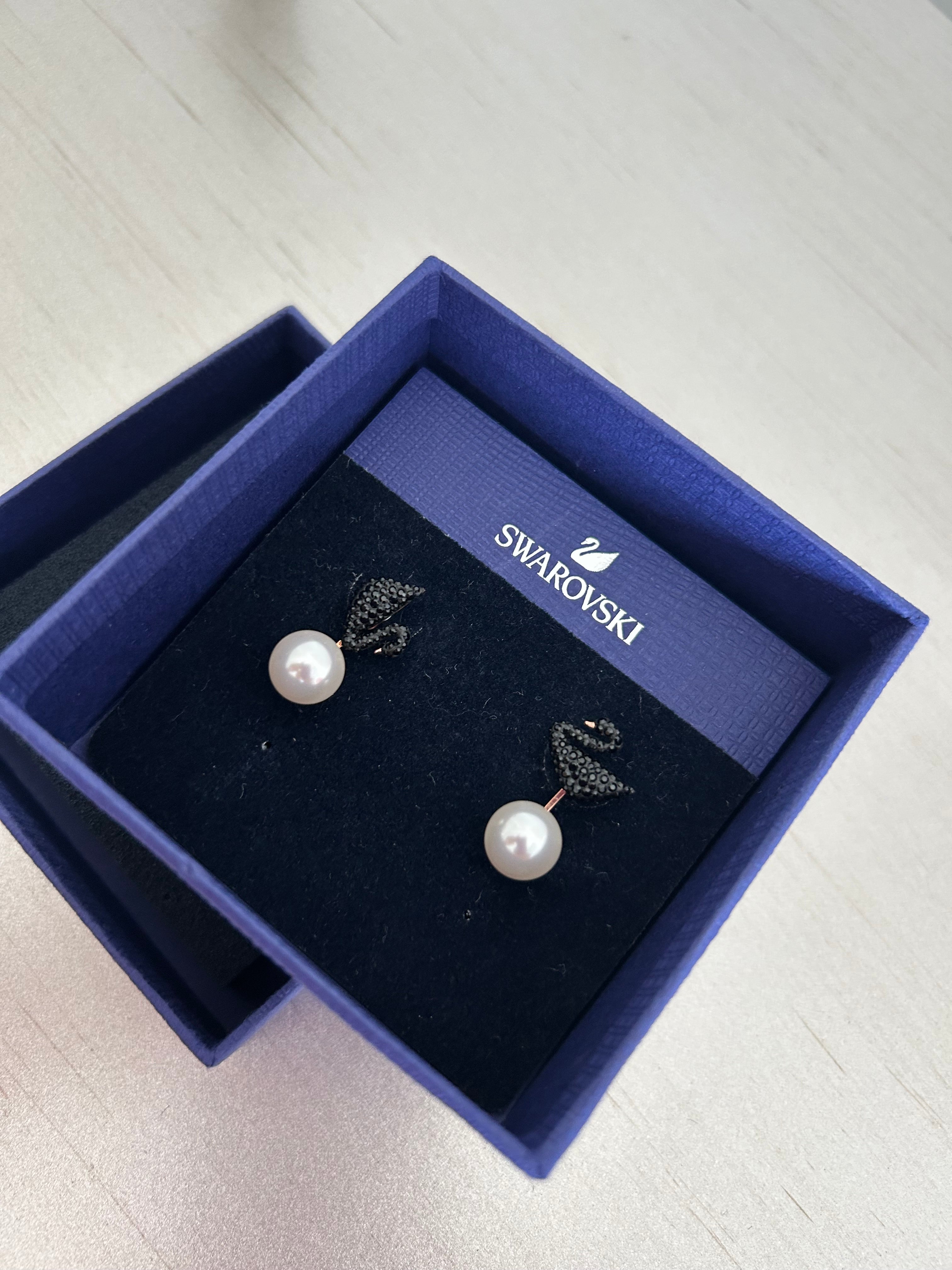 Swarovski Iconic Swan Pierced Earring Jackets - New With Tags (NWT) Dark Blue Crystal Gradient & Pearl, Rose Gold-Tone Plated