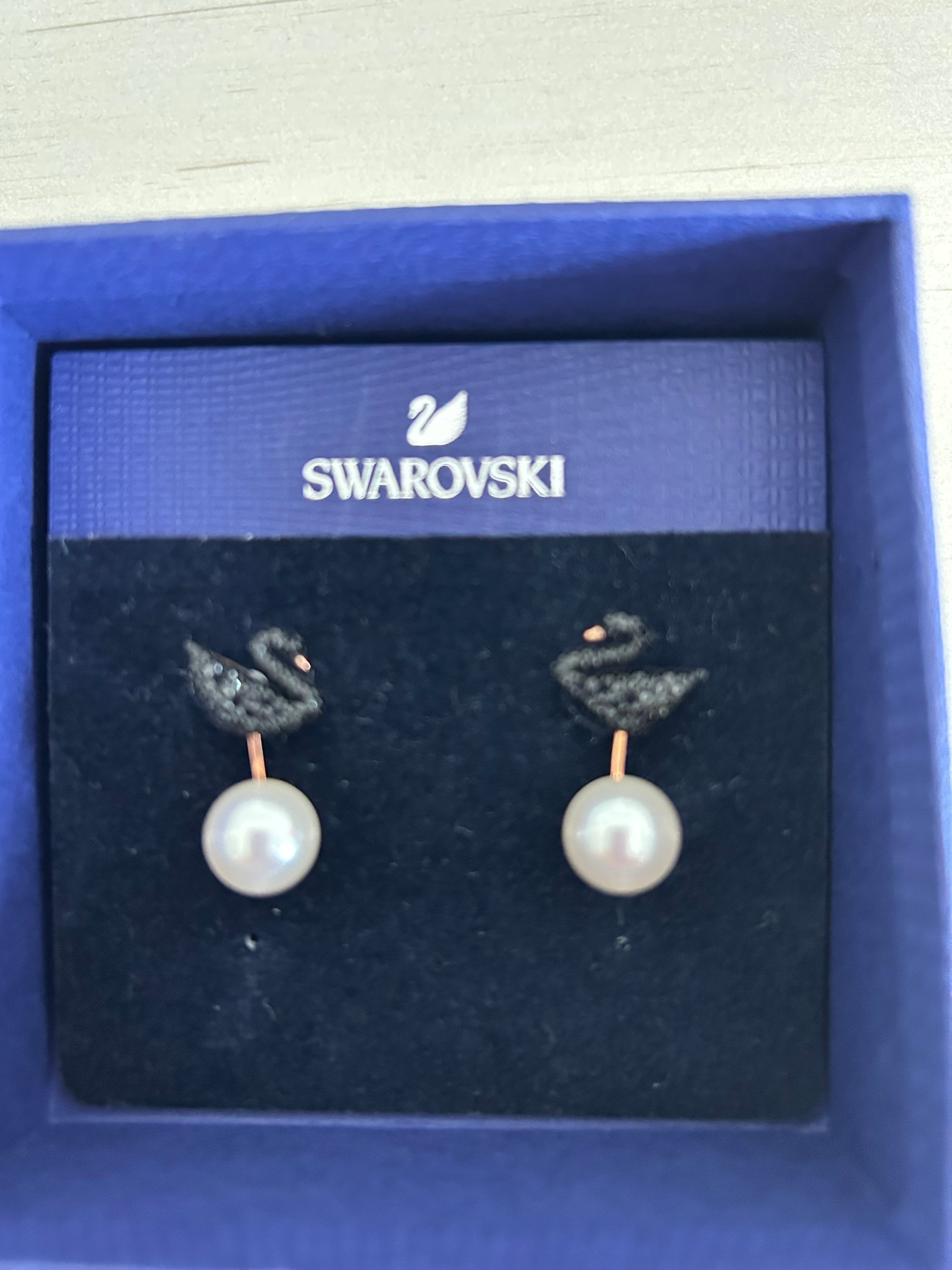 Swarovski Iconic Swan Pierced Earring Jackets - New With Tags (NWT) Dark Blue Crystal Gradient & Pearl, Rose Gold-Tone Plated
