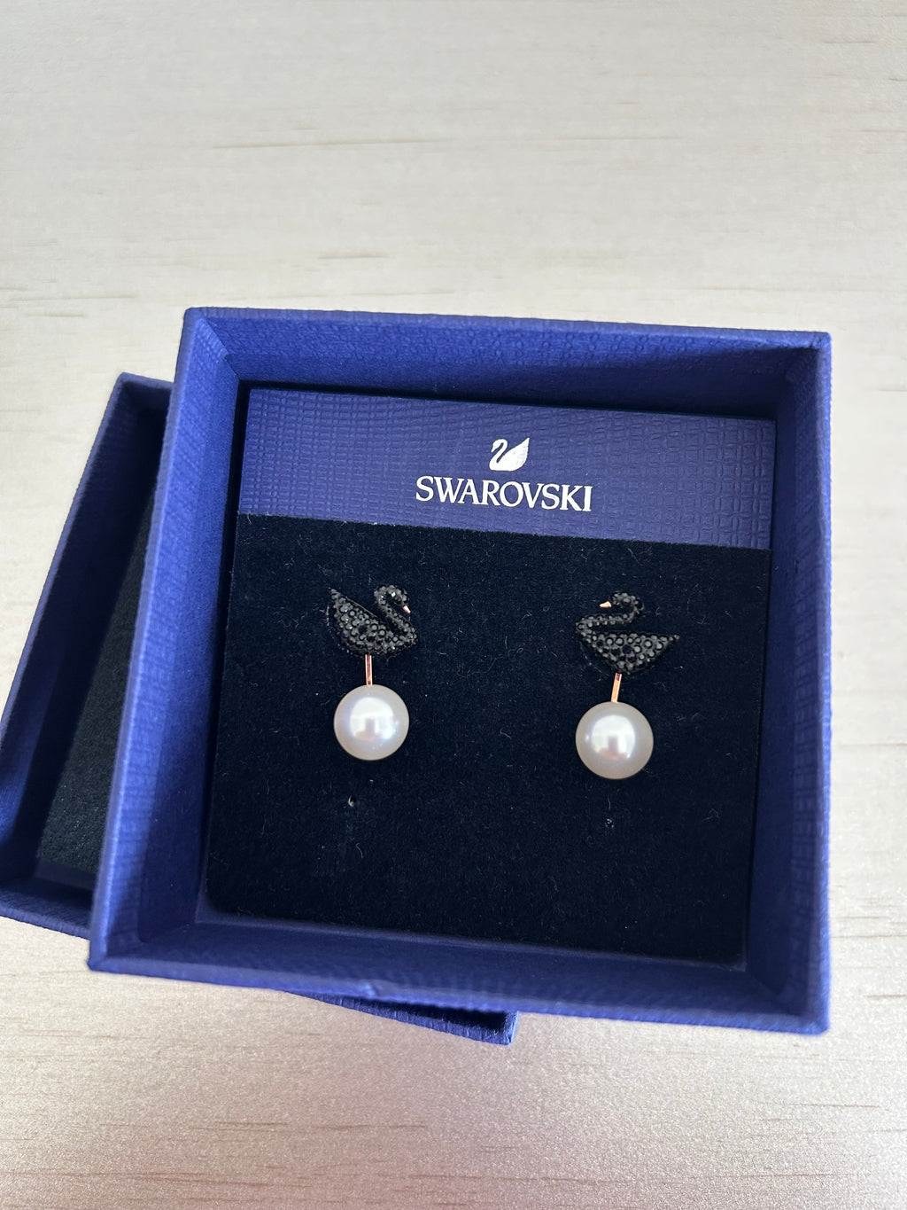 Swarovski Iconic Swan Pierced Earring Jackets - New With Tags (NWT) Dark Blue Crystal Gradient & Pearl, Rose Gold-Tone Plated