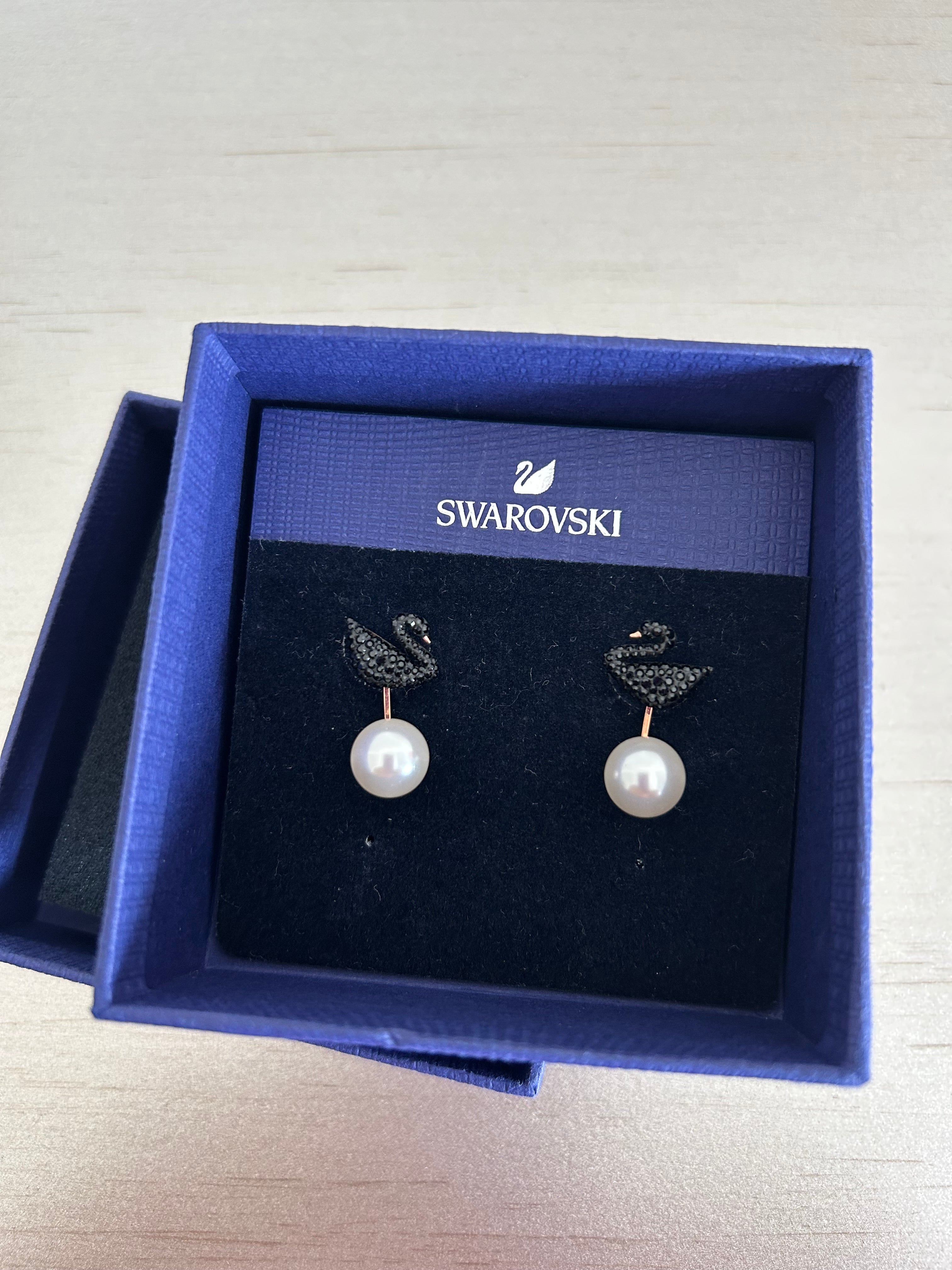 Swarovski Iconic Swan Pierced Earring Jackets - New With Tags (NWT) Dark Blue Crystal Gradient & Pearl, Rose Gold-Tone Plated