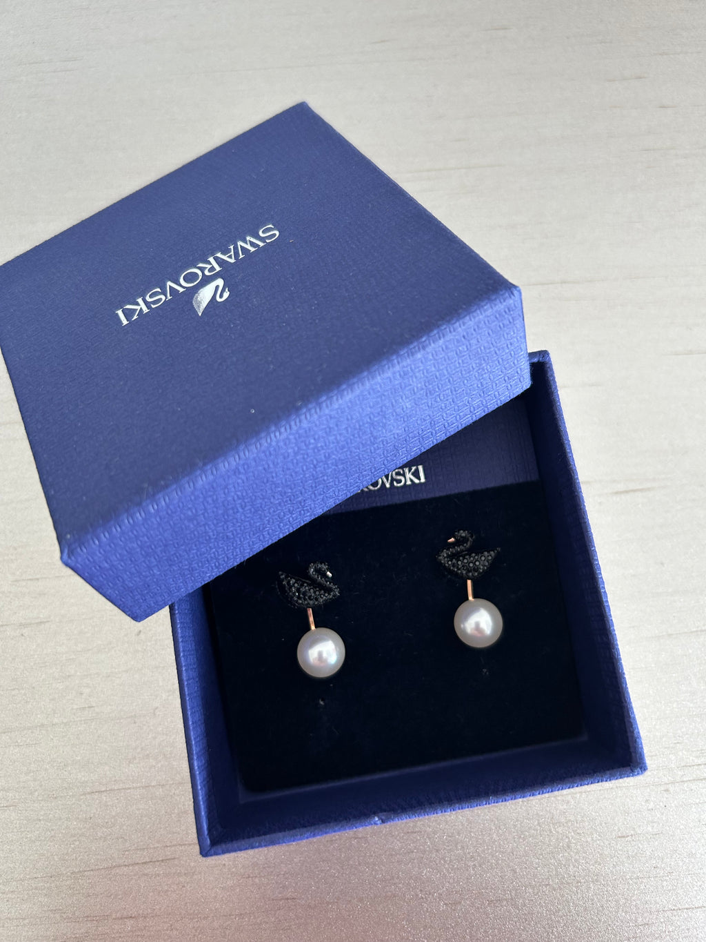 Swarovski Iconic Swan Pierced Earring Jackets - New With Tags (NWT) Dark Blue Crystal Gradient & Pearl, Rose Gold-Tone Plated