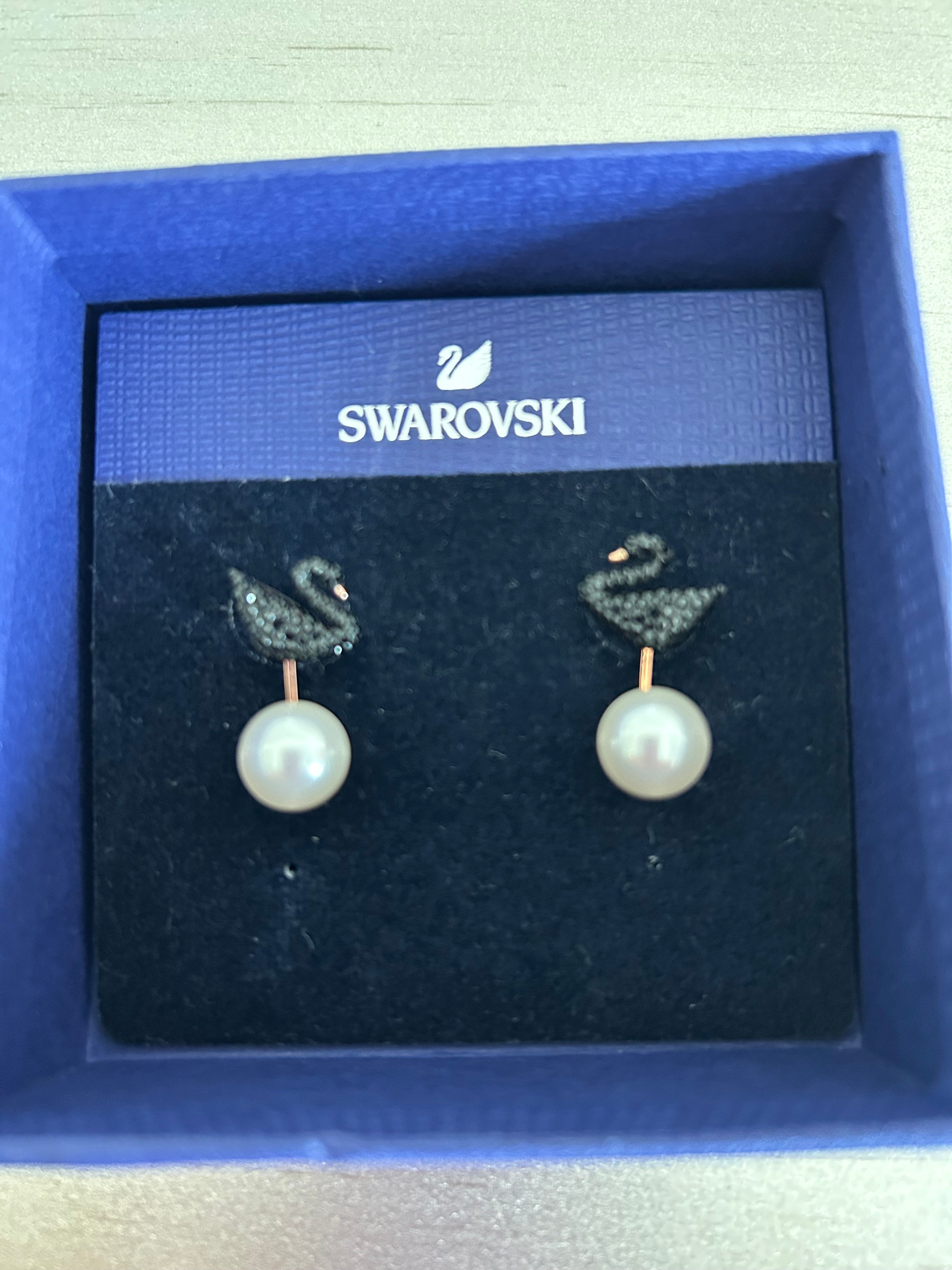 Swarovski Iconic Swan Pierced Earring Jackets - New With Tags (NWT) Dark Blue Crystal Gradient & Pearl, Rose Gold-Tone Plated