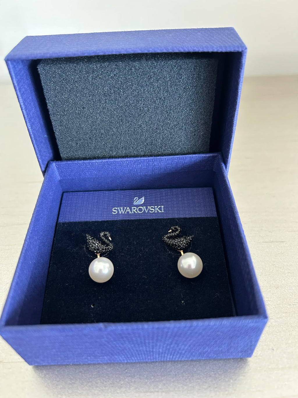 Swarovski Iconic Swan Pierced Earring Jackets - New With Tags (NWT) Dark Blue Crystal Gradient & Pearl, Rose Gold-Tone Plated